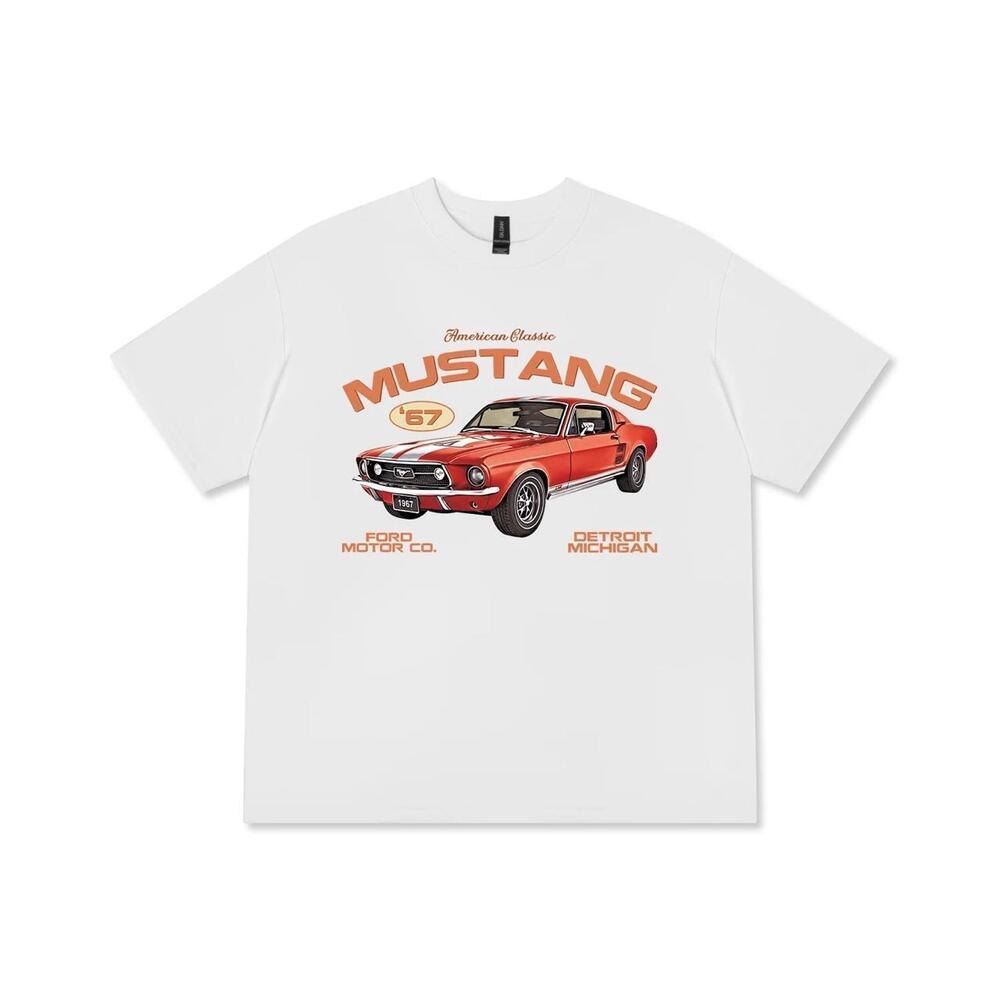 White And Orange Streetwear-Inspired Mustang T-Shirt